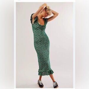 Free People McKenna Dobby dress - gorgeous velvet green with pink flower design